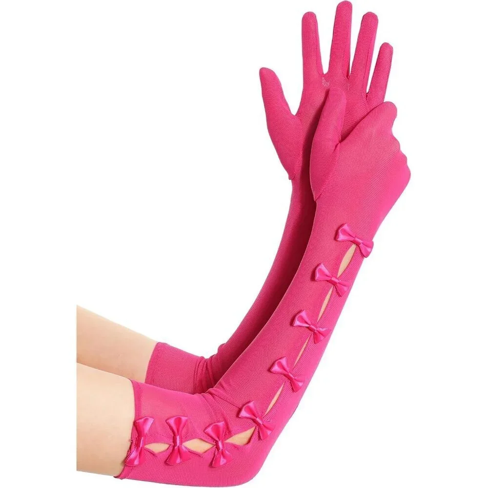 Women's Princess Rose Pink Long Sleeves Gloves Bow Lace Mesh Tulle Party Prom